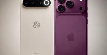 Comparaison visuelle du futur smartphone OpenAI (blanc) intégrant le processeur Dimensity 9600 et d'un iPhone (violet) équipé de la puce A20 Pro, illustrant la compétition des puces gravées en 2nm pour 2026.