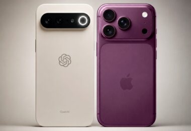Comparaison visuelle du futur smartphone OpenAI (blanc) intégrant le processeur Dimensity 9600 et d'un iPhone (violet) équipé de la puce A20 Pro, illustrant la compétition des puces gravées en 2nm pour 2026.