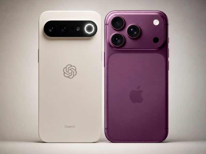 Comparaison visuelle du futur smartphone OpenAI (blanc) intégrant le processeur Dimensity 9600 et d'un iPhone (violet) équipé de la puce A20 Pro, illustrant la compétition des puces gravées en 2nm pour 2026.