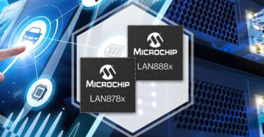 Visuel promotionnel présentant les deux nouvelles puces transceivers Single Pair Ethernet de Microchip, les modèles LAN878x et LAN888x, superposés sur un arrière-plan technologique bleu illustrant la connectivité automobile et industrielle sécurisée.