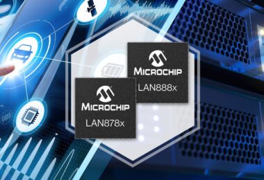 Visuel promotionnel présentant les deux nouvelles puces transceivers Single Pair Ethernet de Microchip, les modèles LAN878x et LAN888x, superposés sur un arrière-plan technologique bleu illustrant la connectivité automobile et industrielle sécurisée.