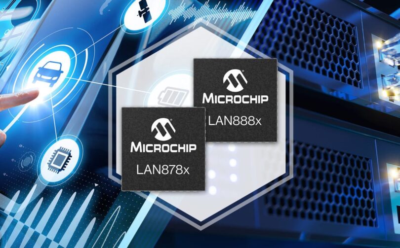 Visuel promotionnel présentant les deux nouvelles puces transceivers Single Pair Ethernet de Microchip, les modèles LAN878x et LAN888x, superposés sur un arrière-plan technologique bleu illustrant la connectivité automobile et industrielle sécurisée.
