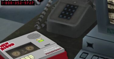 Illustration de style rétro montrant un téléphone fixe gris, un répondeur à cassette marqué "New Blood" et un ordinateur vintage. En haut à gauche, le logo "New Blood Tip Line" avec le numéro 1-800-352-9727.