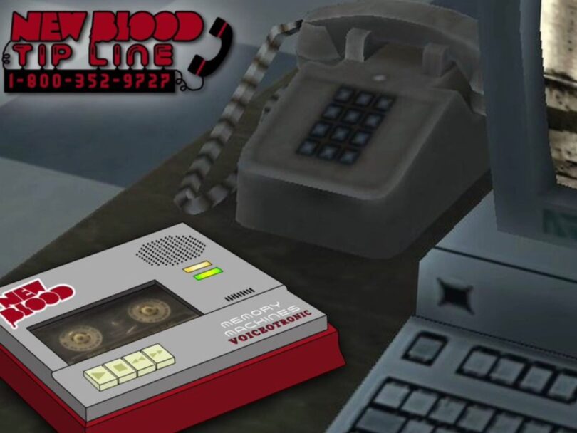 Illustration de style rétro montrant un téléphone fixe gris, un répondeur à cassette marqué "New Blood" et un ordinateur vintage. En haut à gauche, le logo "New Blood Tip Line" avec le numéro 1-800-352-9727.