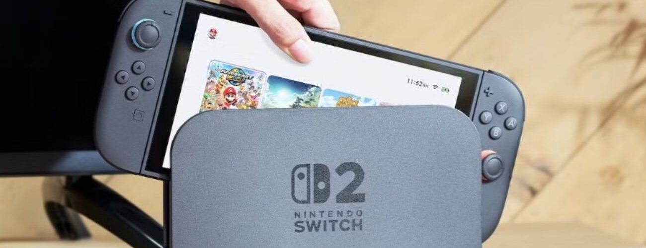 Visuel conceptuel d'une Nintendo Switch 2 insérée dans sa station d'accueil grise affichant le logo "Switch 2", illustrant l'annonce de la hausse de prix de 10 000 yens au Japon.