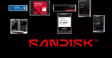 Montage de solutions de stockage SanDisk et Western Digital incluant des SSD NVMe WD Blue, WD Red, WD Black et Ultrastar DC pour datacenters sur fond noir.