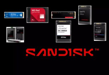 Montage de solutions de stockage SanDisk et Western Digital incluant des SSD NVMe WD Blue, WD Red, WD Black et Ultrastar DC pour datacenters sur fond noir.