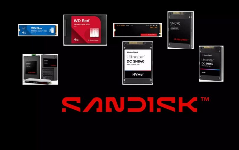 Montage de solutions de stockage SanDisk et Western Digital incluant des SSD NVMe WD Blue, WD Red, WD Black et Ultrastar DC pour datacenters sur fond noir.