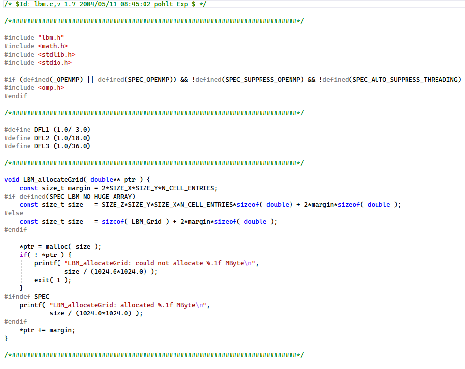Capture du fichier source lbm.c d'un benchmark SPEC CPU 2026, fonction LBM_allocateGrid en C avec directives de préprocesseur SPEC_OPENMP et SPEC_LBM_NO_HUGE_ARRAY pour la portabilité multi-plateformes.