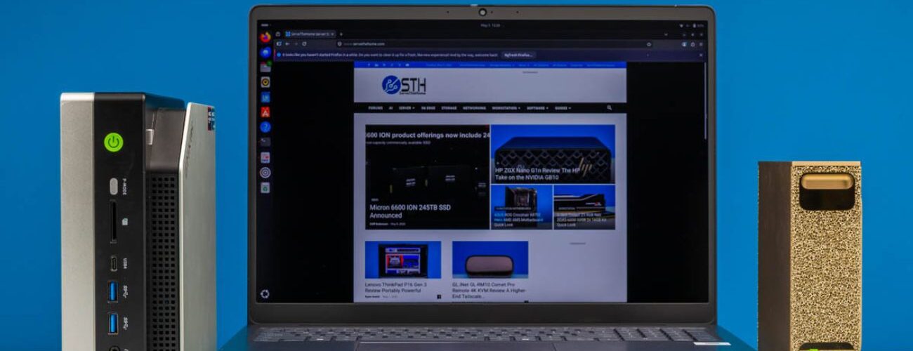 Banc de test SPEC CPU 2026 avec ordinateur portable Lenovo ThinkPad P16 Gen 3 affichant les résultats de benchmark, mini-PC Ryzen AI Max+ 395 à gauche et NVIDIA DGX Spark à droite sur fond bleu.