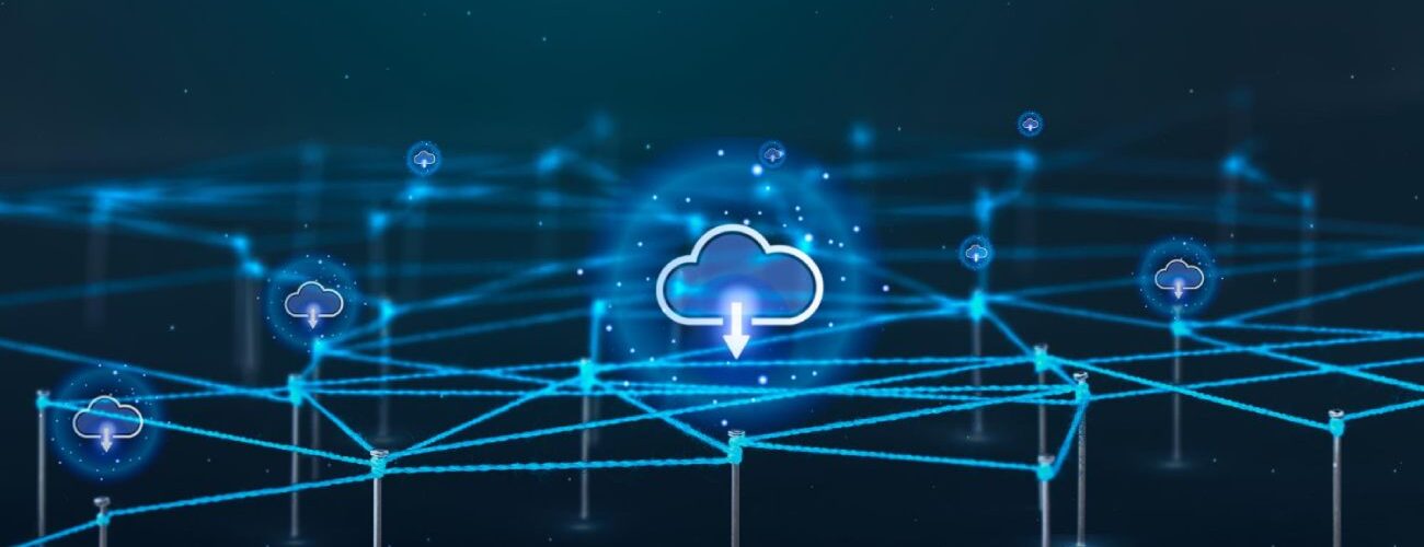 Graphique conceptuel d'un réseau de cloud privé interconnecté avec des icônes de téléchargement et de synchronisation de données, illustrant l'infrastructure VMware Cloud Foundation pour l'IA d'entreprise.