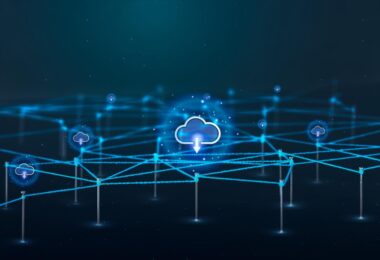 Graphique conceptuel d'un réseau de cloud privé interconnecté avec des icônes de téléchargement et de synchronisation de données, illustrant l'infrastructure VMware Cloud Foundation pour l'IA d'entreprise.