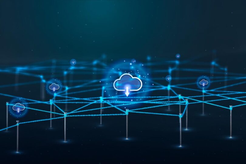 Graphique conceptuel d'un réseau de cloud privé interconnecté avec des icônes de téléchargement et de synchronisation de données, illustrant l'infrastructure VMware Cloud Foundation pour l'IA d'entreprise.