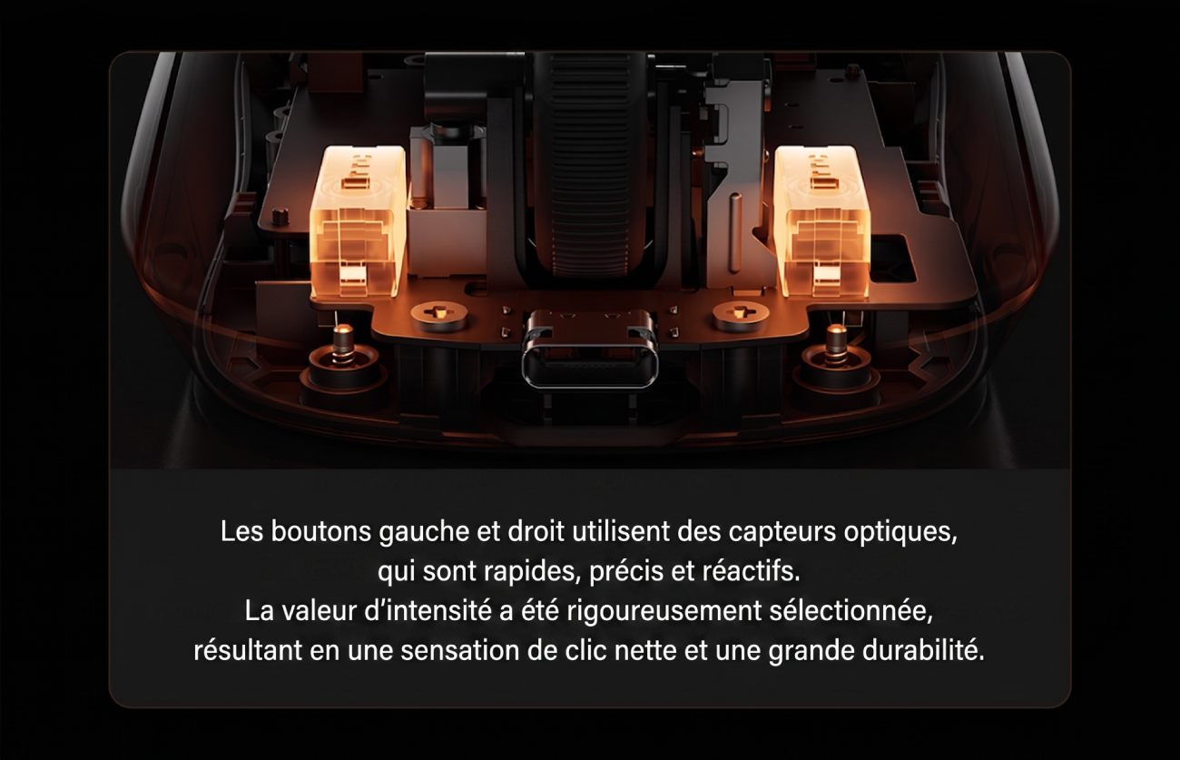 Gros plan macro sur les microswitches optiques TTC esports de la Xiaomi Gaming Mouse 2, capteurs lumineux orange visibles sous les boutons gauche et droit, port USB-C central et structure en cuivre.